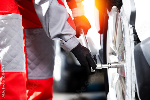 Auto mechanic at work fixing tire with wrench in service garage, sunlight