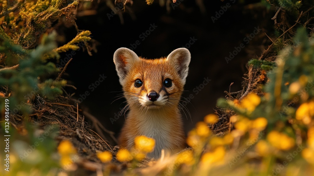 Fototapeta premium Foxy cub peeking from burrow in wildflowers