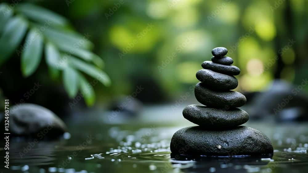 Stacked Zen Stones with Greenery in Background Stacked Zen Stones with Greenery in Background