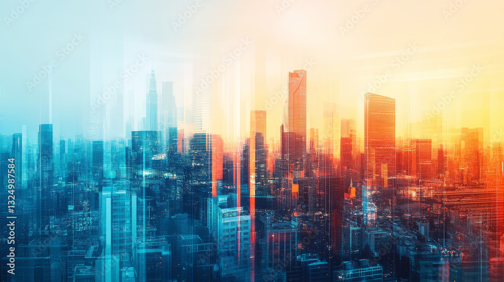 A futuristic depiction of a metropolitan skyline with modern colors and effects, symbolizing real estate, property development, and innovative architecture A futuristic depiction of a metropolitan skyline with modern colors and effects, symbolizing real estate, property development, and innovative architecture