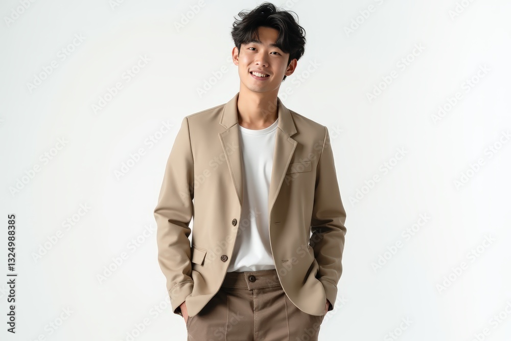 Half-Length (Waist-Up) portrait of young stylish smiling Japanese male model in retro wear isolated on pure white background looking at camera Half-Length (Waist-Up) portrait of young stylish smiling Japanese male model in retro wear isolated on pure white background looking at camera