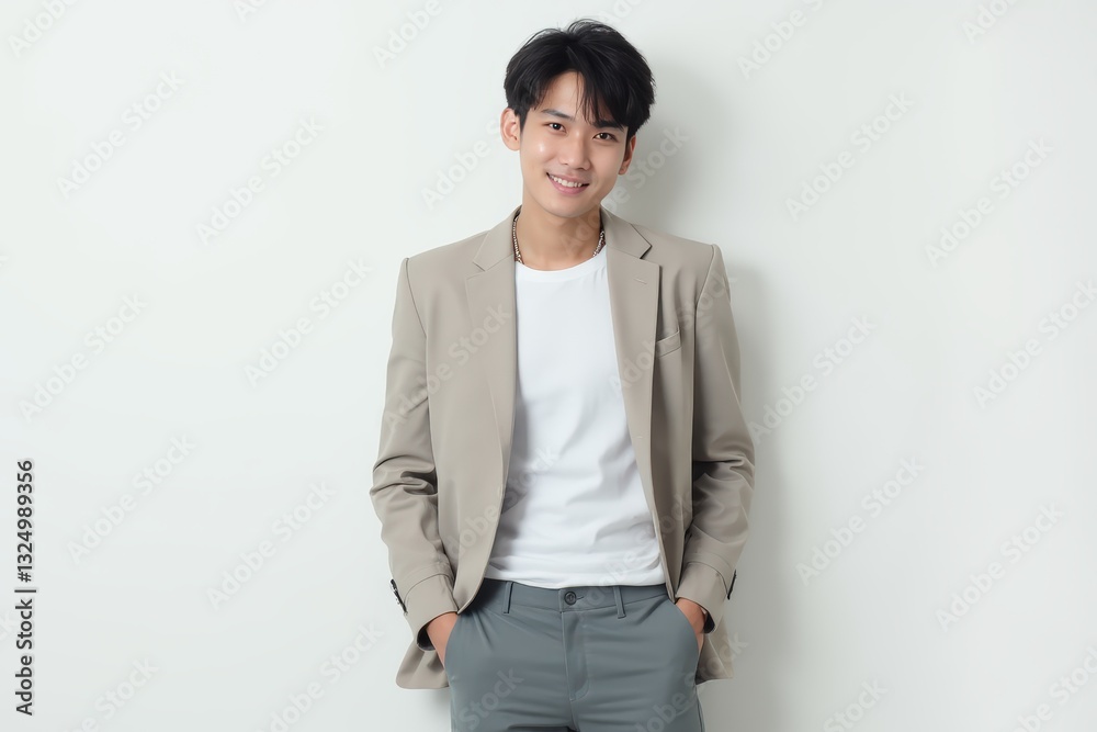Half-Length (Waist-Up) portrait of young stylish smiling Japanese male model in cosplay wear isolated on pure white background looking at camera Half-Length (Waist-Up) portrait of young stylish smiling Japanese male model in cosplay wear isolated on pure white background looking at camera