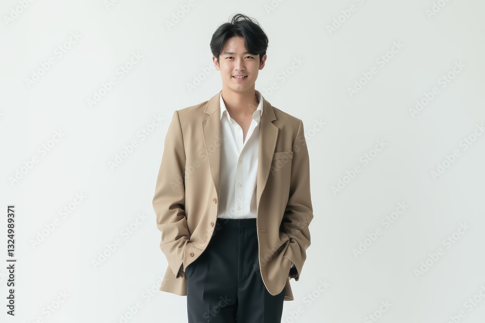 Half-Length (Waist-Up) portrait of young stylish smiling Japanese male model in costume wear isolated on pure white background looking at camera Half-Length (Waist-Up) portrait of young stylish smiling Japanese male model in costume wear isolated on pure white background looking at camera