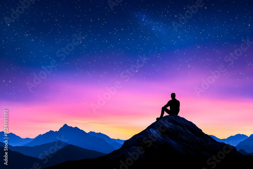 Silhouette of a person on a mountaintop at night, gazing at the starry sky