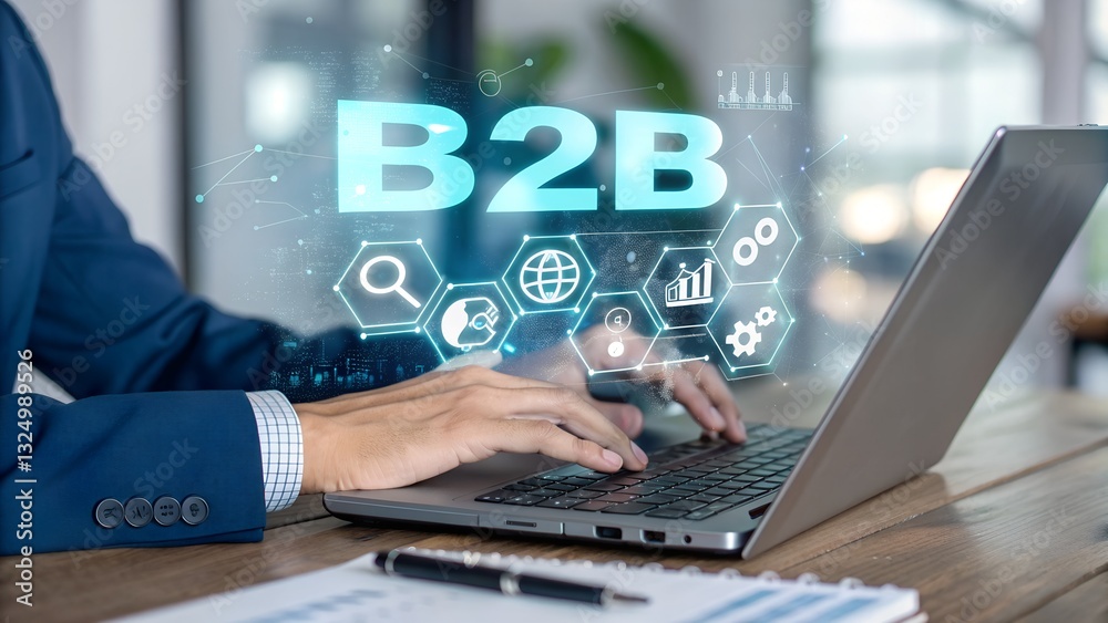 B2B business strategy concept. Businessman working with B2B virtual on laptop, conceptualizing strategy, partnership, targets in business to business services. E-commerce, B2B Marketing, enterprise B2B business strategy concept. Businessman working with B2B virtual on laptop, conceptualizing strategy, partnership, targets in business to business services. E-commerce, B2B Marketing, enterprise