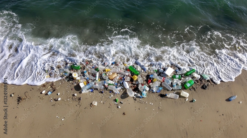 Plastic waste washing ashore, highlighting marine pollution threatening coastal environments and delicate ocean ecosystems during environmental crisis Plastic waste washing ashore, highlighting marine pollution threatening coastal environments and delicate ocean ecosystems during environmental crisis