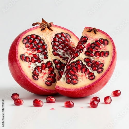 A high-resolution close-up of a freshly opened red pomegranate with glossy seeds on a white isolated background. Extra space for text makes it perfect for banners, UI/UX, websites, and marketing mater