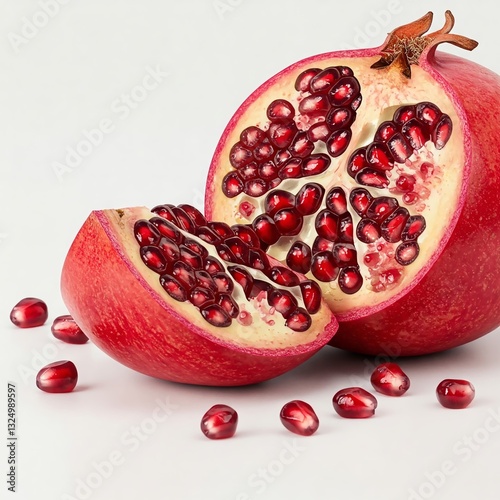 A high-resolution close-up of a freshly opened red pomegranate with glossy seeds on a white isolated background. Extra space for text makes it perfect for banners, UI/UX, websites, and marketing mater