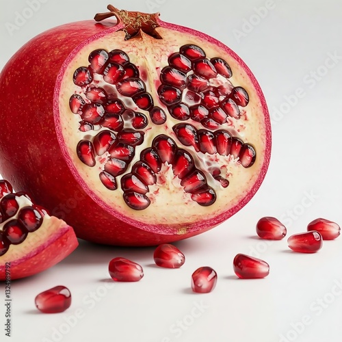 A high-resolution close-up of a freshly opened red pomegranate with glossy seeds on a white isolated background. Extra space for text makes it perfect for banners, UI/UX, websites, and marketing mater