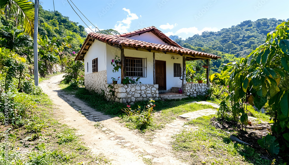 Simple white mountain cabin nestled in a lush green valley Simple white mountain cabin nestled in a lush green valley