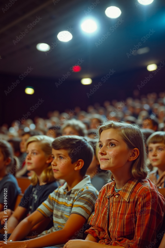 A group of children sitting in a lecture hall watching a movie A group of children sitting in a lecture hall watching a movie