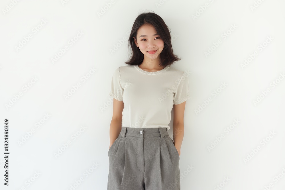 Half-Length (Waist-Up) portrait of young stylish smiling Japanese female model in retro wear isolated on pure white background looking at camera Half-Length (Waist-Up) portrait of young stylish smiling Japanese female model in retro wear isolated on pure white background looking at camera