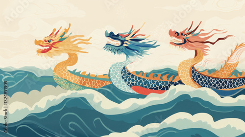 A modern illustration of the Dragon Boat Festival: sleek dragon boats with intricate designs racing across serene waters.