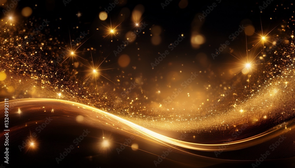 Fototapeta premium golden glittering stars and shimmering light waves with glowing particles gold bokeh sparkles and a luxurious backdrop