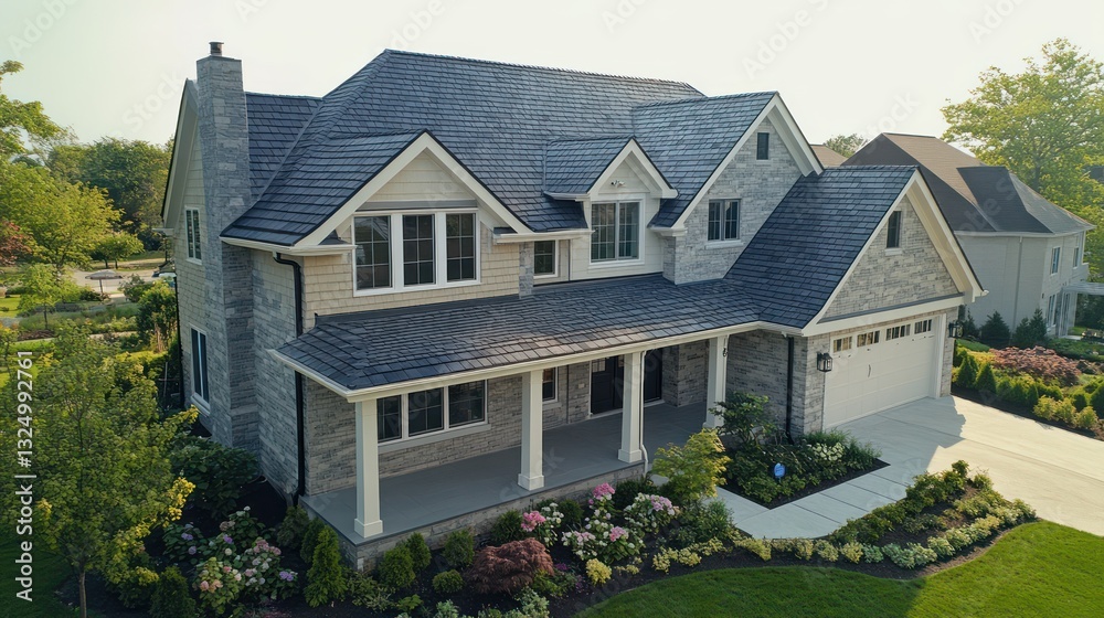 A detailed aerial shot of a house with a charcoal grey shingle roof, soft beige stone exterior, and white trim