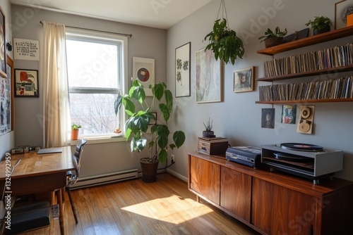 Sunny apartment room with wooden desk, vinyl records, plants, and mid-century modern furniture.