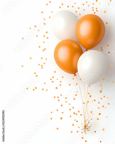 Festive celebration with orange and white balloons and gold confetti