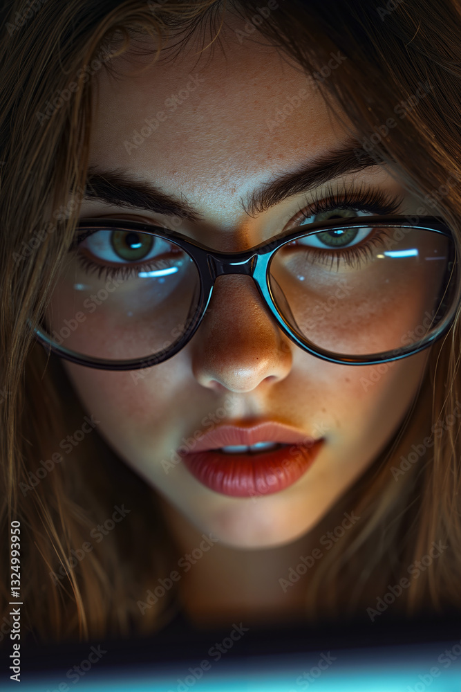 Fototapeta premium A woman wearing glasses looking at a computer screen