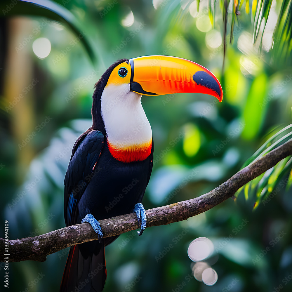 Obraz premium Vibrant toucan resting on a branch in a colorful tropical forest under bright sunlight