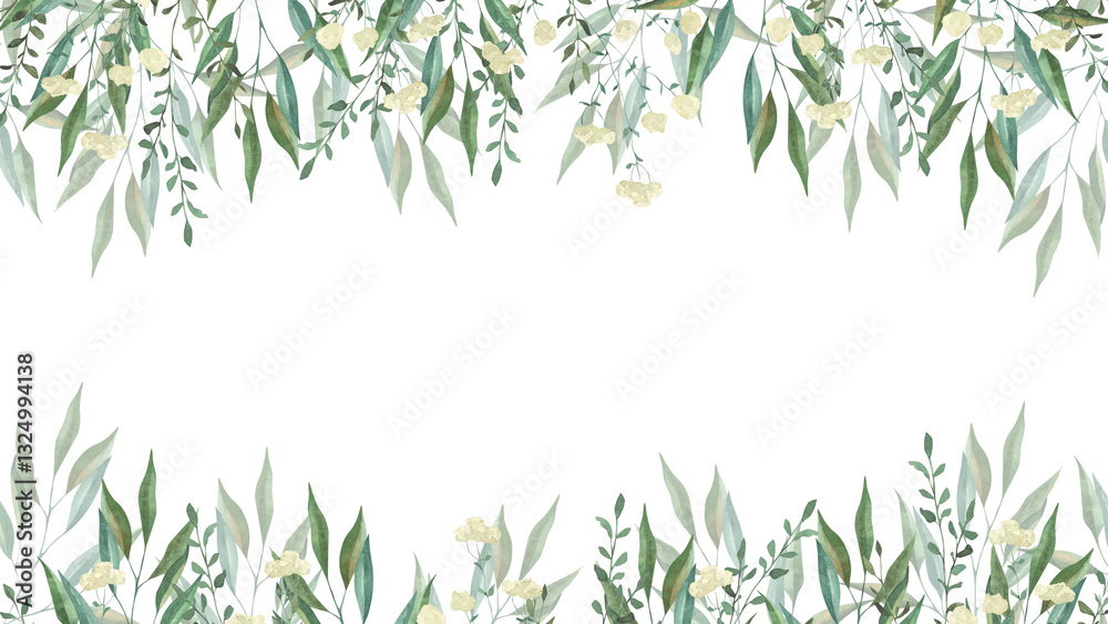 Naklejka premium Frame with watercolor illustrations of various herbs. Frame with hand-drawn green branches of herbs. Perfect for wedding, birthday, seasonal holidays.