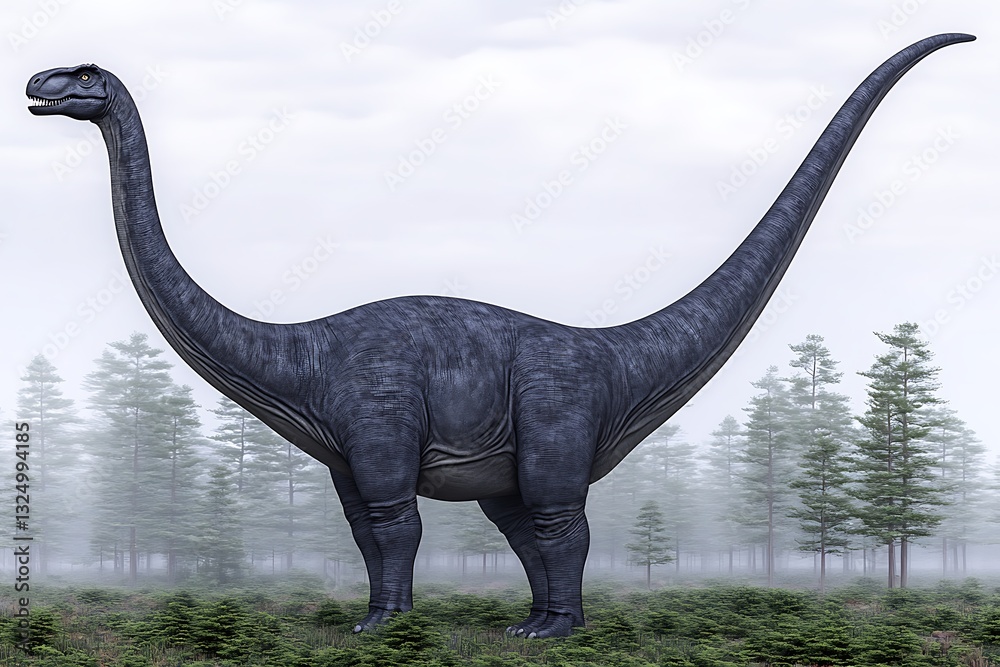 Obraz premium Dinosaur stands in a misty forest, looking for food, stock image