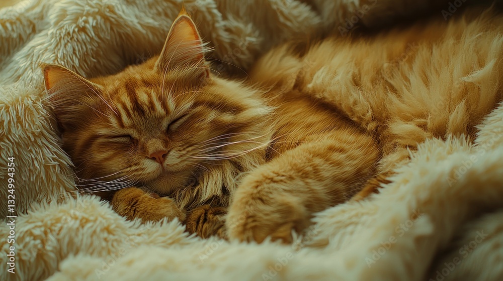 Naklejka premium Peaceful Ginger Cat Napping in Cozy Blanket