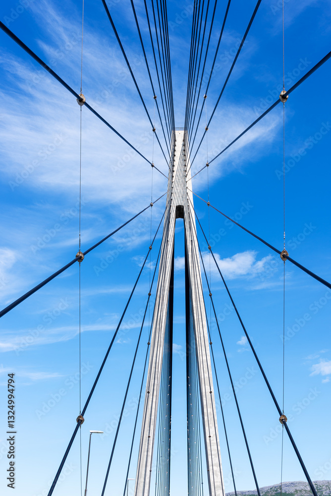 Low Angle View Of Suspension Bridge Against Clear Blue Sky,Helgelandsbrua, Norway Low Angle View Of Suspension Bridge Against Clear Blue Sky,Helgelandsbrua, Norway