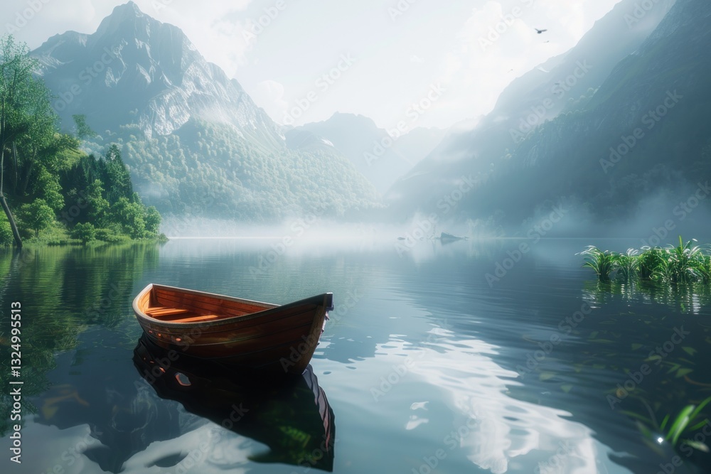Tranquil Lake Scene with Wooden Boat and Majestic Mountains in the Background
