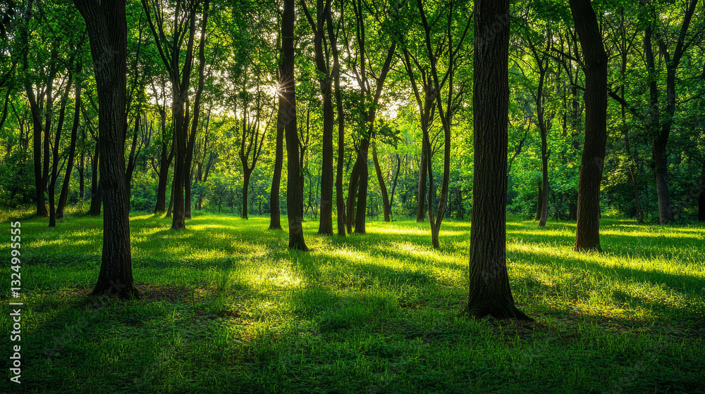 Naklejka premium A tranquil forest scene featuring lush green trees, evoking a sense of peace and serenity