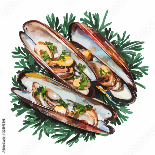 Watercolor-Style Grilled Razor Clams with Garlic and Herbs