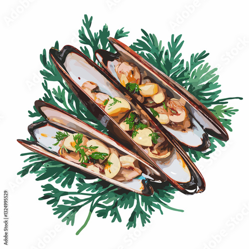 Watercolor-Style Grilled Razor Clams with Garlic and Herbs