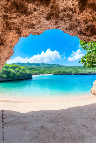Tropical beach paradise viewed through a cave opening