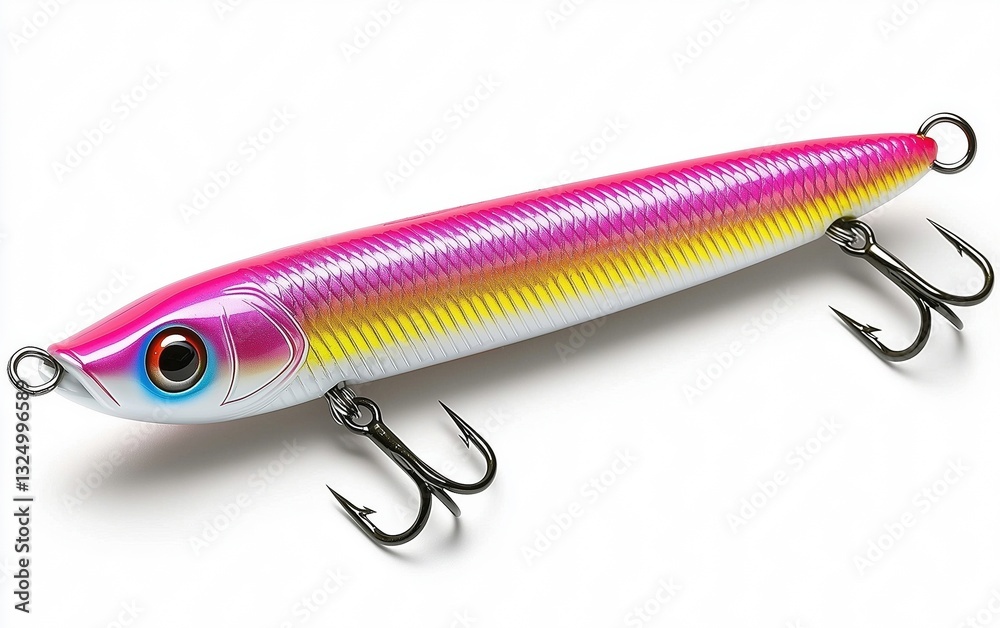 A vibrant pink and yellow fishing lure with treble hooks on a white background. A vibrant pink and yellow fishing lure with treble hooks on a white background.