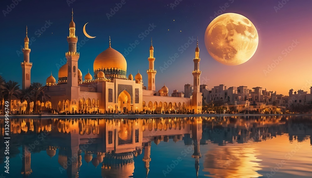 Fototapeta premium Majestic Mosque at Twilight with Supermoon