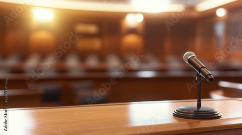 Microphone on Podium in Empty Courtroom for Legal Proceedings