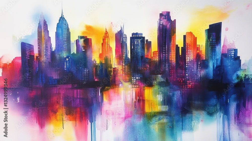 Fototapeta premium A colorful watercolor painting of a city skyline at dusk