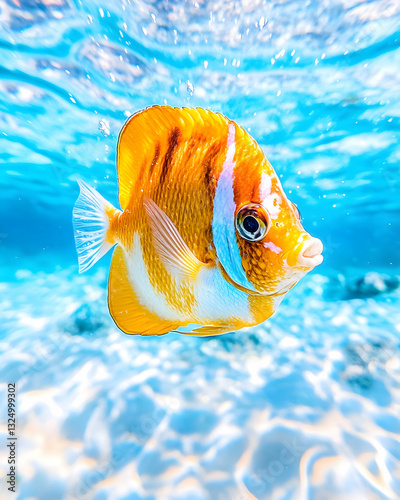 Vibrant orange and white fish in shallow, clear water photo