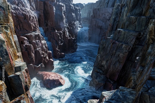 Dramatic rocky canyon with cascading waterfall and swirling water
