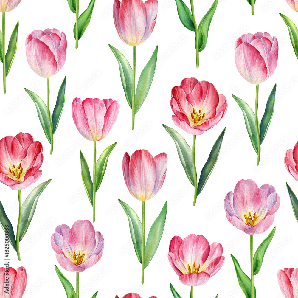 Obraz premium Seamless pattern blooming pink tulips watercolor illustration flowers for textile, packaging wallpaper spring time decor