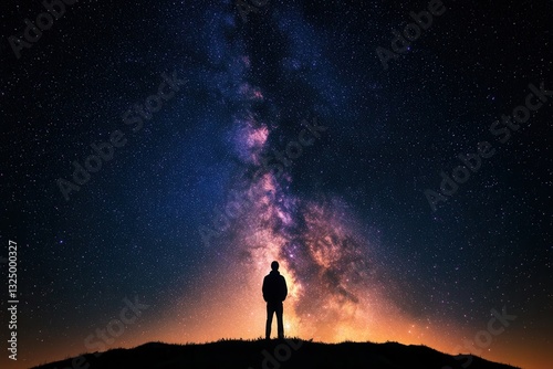 A silhouette gazes at the radiant Milky Way and cosmic nebula under a massive starry night sky