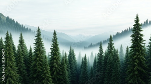 Evergreen forest covering misty mountains in a serene landscape