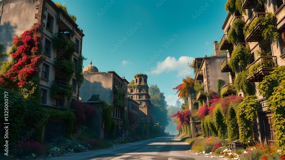 Obraz premium Abandoned street lined with colorful overgrown buildings and flowers, exuding a serene atmosphere.