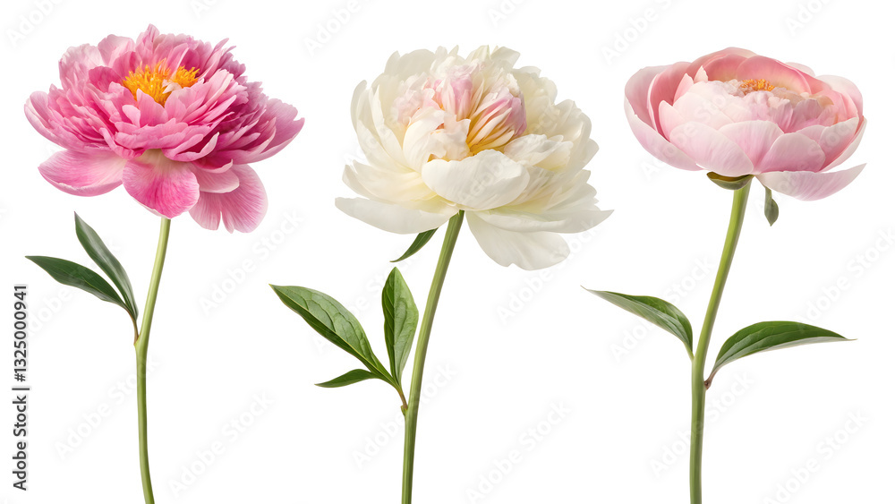 set of separate peonies, different colors flowers on white set of separate peonies, different colors flowers on white