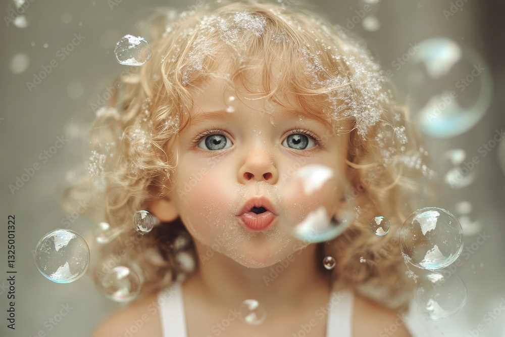 Child mesmerized by floating bubbles during a winter day in a snowy outdoor setting, wearing a warm hat with snowflakes on their jacket Child mesmerized by floating bubbles during a winter day in a snowy outdoor setting, wearing a warm hat with snowflakes on their jacket