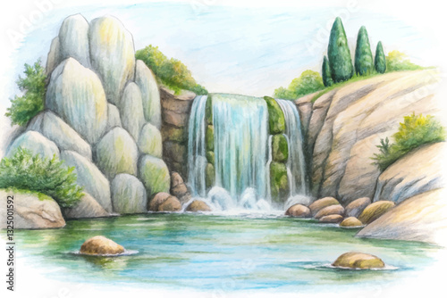 beautiful waterfall with stones in forest hand drawn sketch