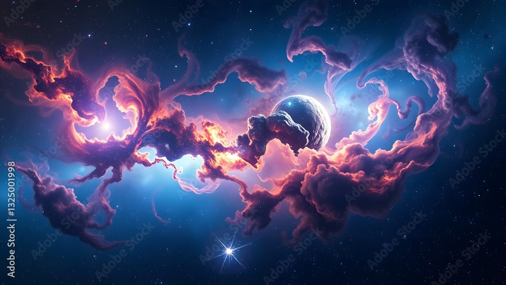 Obraz premium A vibrant cosmic scene featuring a nebula, stars, and a distant planet in a dreamlike, colorful universe. 