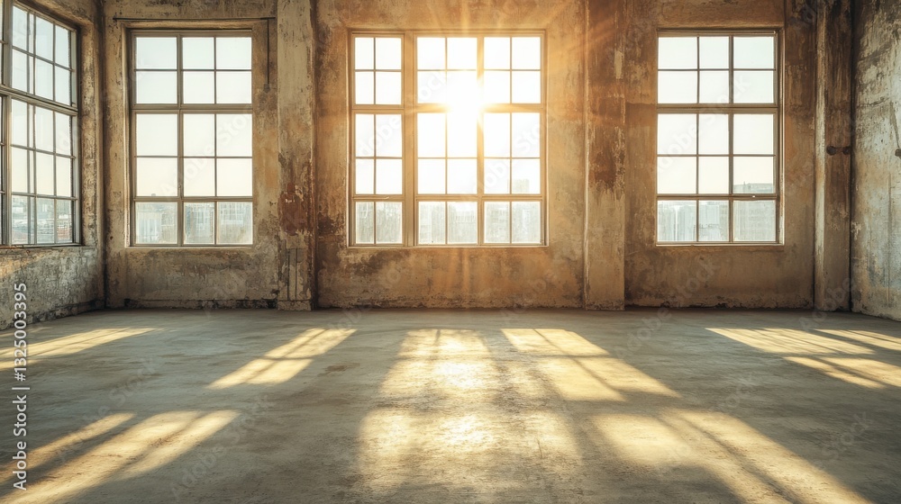 Obraz premium Sunlight Streaming Through Windows in an Empty Industrial Space