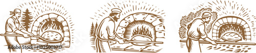 set of  Baker making fresh bread in stone oven vector illustration, engraving sketch ink poster black illustration etching style tattoo, Woodcut clean line 