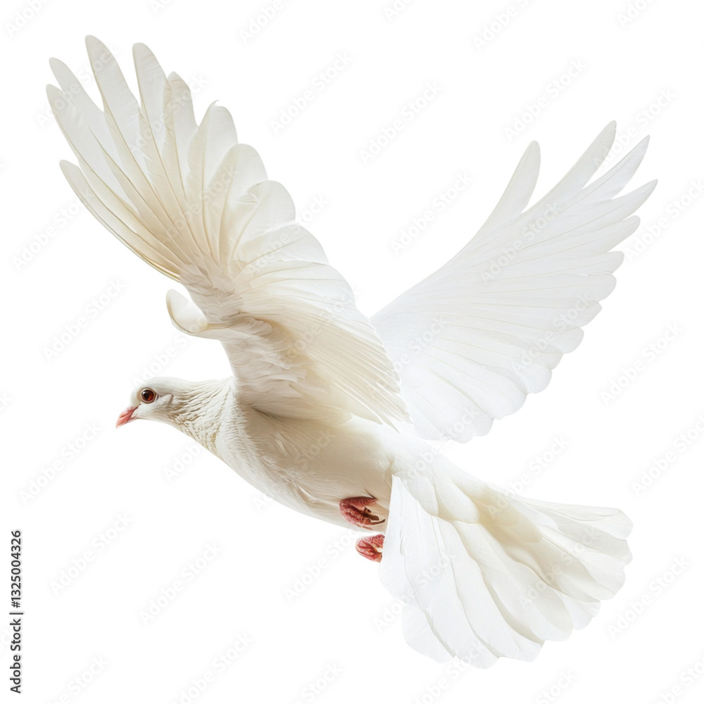 Fototapeta premium A majestic white dove in mid-flight, showcasing its elegant wings and graceful form.