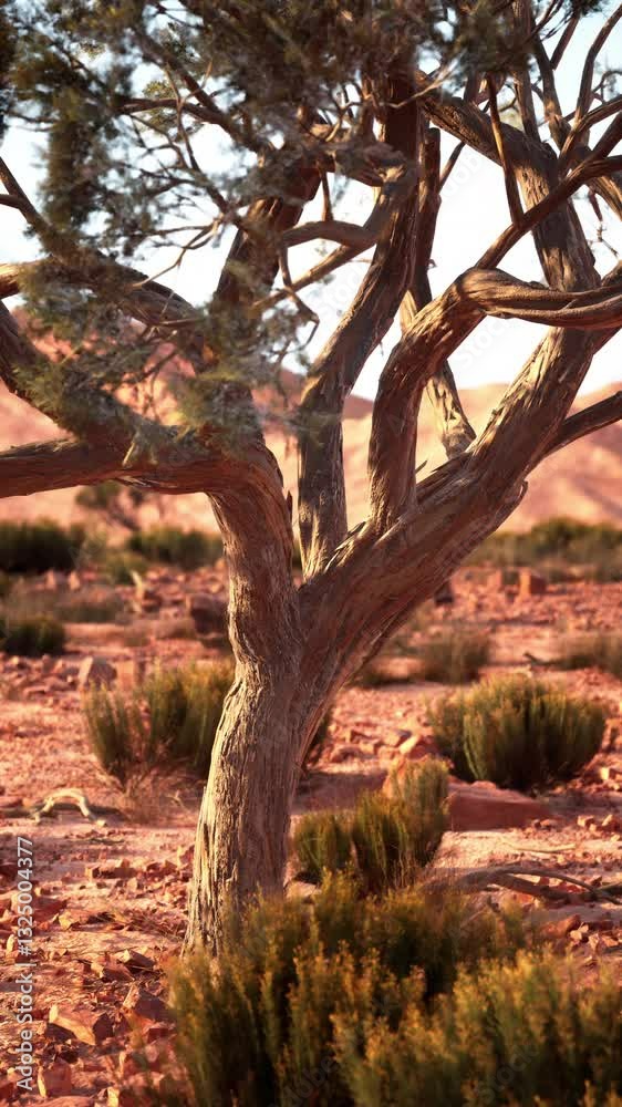 A stark desert landscape with a single tree standing tall among the arid sands of the Nevada desert. A stark desert landscape with a single tree standing tall among the arid sands of the Nevada desert.